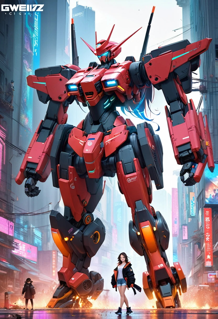 Action Painting, Anime girl in shorts and jacket standing next to a giant robot, artwork in the style of Gweitz, Cyberpunk Anime Girl Mecha, Trending on cgstation, Gweitz, By Russell Dongjun Lu, Digital Cyberpunk Anime Art, Lostrun 8k, Gweitz on artstation pixiv, Girl wearing mecha cyber armor