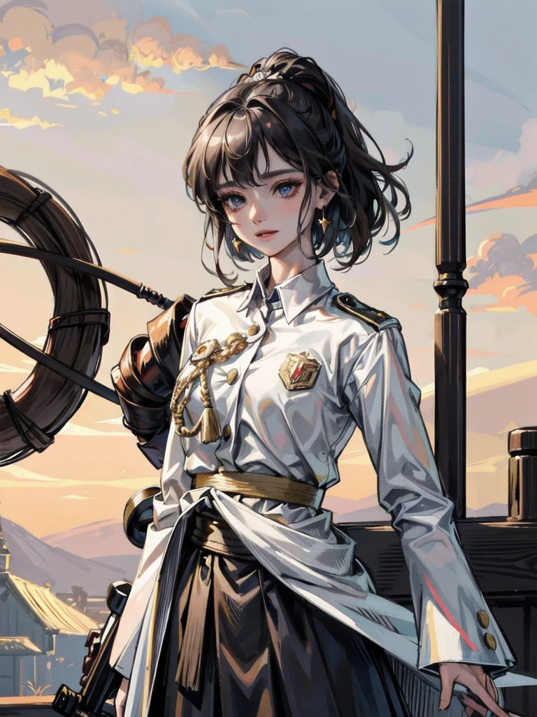 Military Dress, golden accessories, Grand Katana Sword, absurdres, RAW photo, extremely delicate and beautiful, masterpiece, Best Quality, ultra high resolution, 32k, hyperrealistic, ultra-detailed, detailed description, pale skin, 20 years old, tearful mole, earring, big tits, short medium hair, wavy hair, whole body shot,
