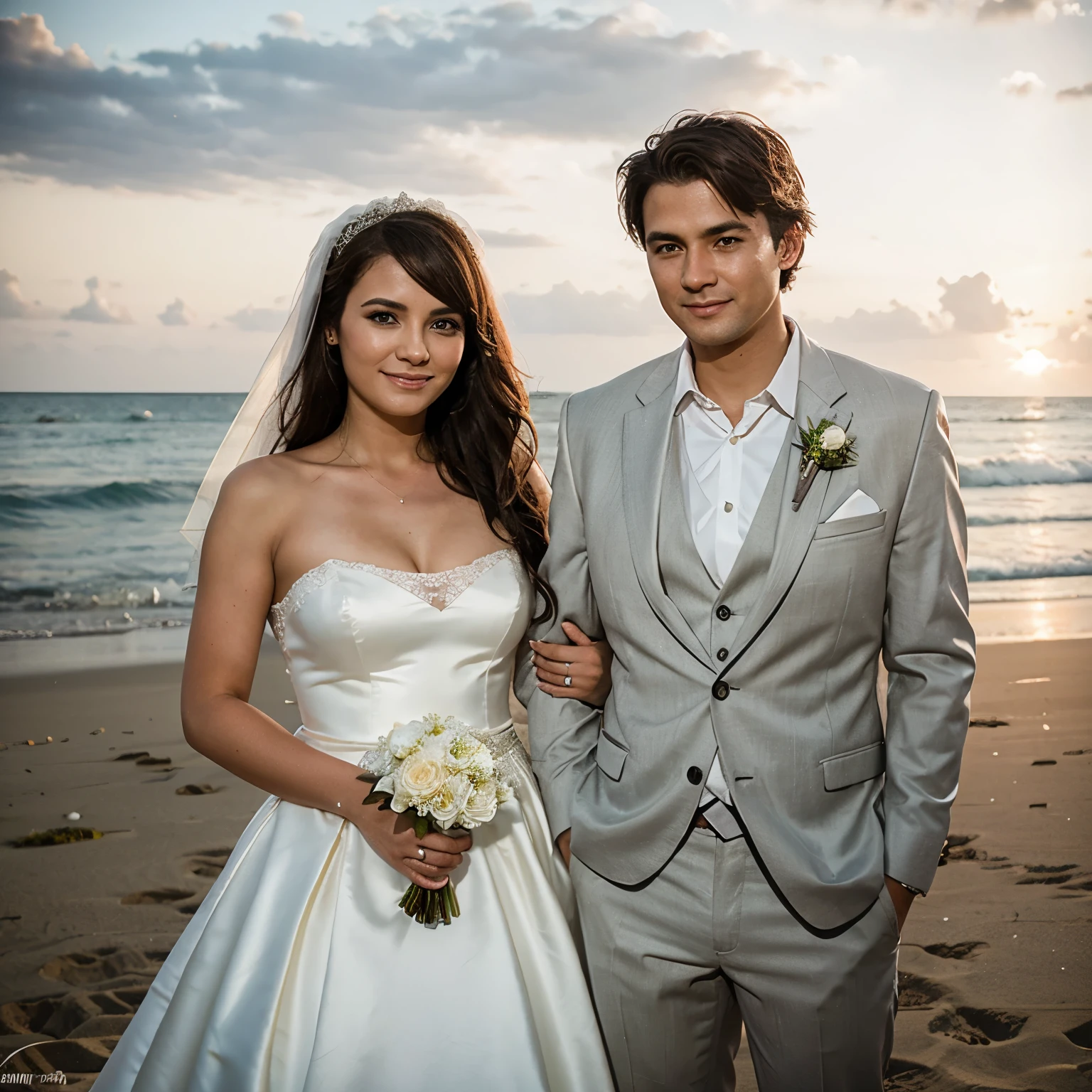 Realistic bride and groom at the beach resort 