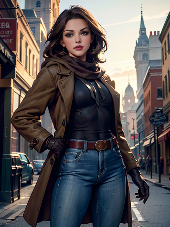 Melissa Benoist、(masterpiece:1.0), (Highest_quality:1.2), (Dark Shot:1.3), Classic Rogue, 1991 Rogue X-Men, 1 girl, Only 1, Head to Toe, standing on street corner, Elegant pose, (clothing: Brown winter coat, Brown color hood, Down lining, White scarf, gloves, jeans) Medium length hair, Brown Hair, Wavy Hair, One gray hair, Green Eyes, Mischievous look, Grin, Lips parted, Red lipstick, Heavy makeup, Confident expression, Backlight, (realism: 1.5), (Realistic: 1.4), (Disorganized:1.4), 8k, Very detailed, Detailed beautiful woman, (background: Midnight, it's snowing, On the streets of New York, Snowy Night), Official Art, Very detailed CG Unity 8k wallpaper, Perfect lighting, colorful, 超High resolution, photograph, 8k, High resolution, Kodak Portrait 400, Film Grain, blurry background, (Bokeh:1.2), (Vibrant_color:1.2), Film Grain:1.2, (Warm colors, Warm Tones:1.2), (color photo), Professional Photograph