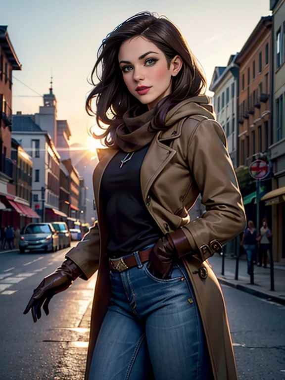 Melissa Benoist、(masterpiece:1.0), (Highest_quality:1.2), (Dark Shot:1.3), Classic Rogue, 1991 Rogue X-Men, 1 girl, Only 1, Head to Toe, standing on street corner, Elegant pose, (clothing: Brown winter coat, Brown color hood, Down lining, White scarf, gloves, jeans) Medium length hair, Brown Hair, Wavy Hair, One gray hair, Green Eyes, Mischievous look, Grin, Lips parted, Red lipstick, Heavy makeup, Confident expression, Backlight, (realism: 1.5), (Realistic: 1.4), (Disorganized:1.4), 8k, Very detailed, Detailed beautiful woman, (background: Midnight, it's snowing, On the streets of New York, Snowy Night), Official Art, Very detailed CG Unity 8k wallpaper, Perfect lighting, colorful, 超High resolution, photograph, 8k, High resolution, Kodak Portrait 400, Film Grain, blurry background, (Bokeh:1.2), (Vibrant_color:1.2), Film Grain:1.2, (Warm colors, Warm Tones:1.2), (color photo), Professional Photograph