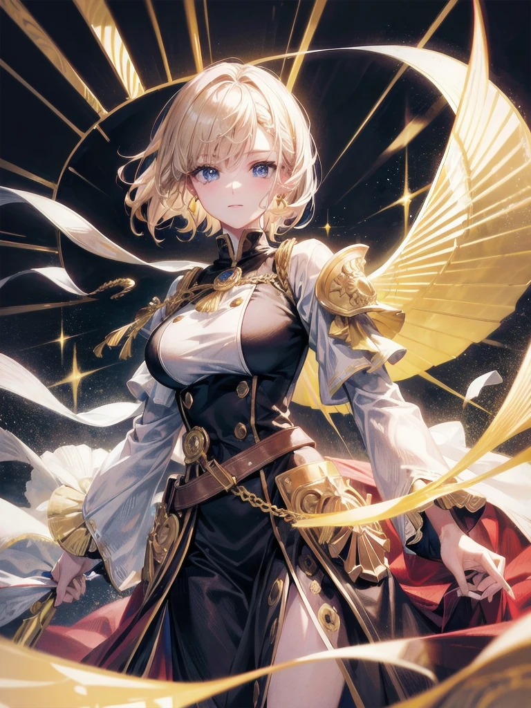 Military Dress, golden accessories, Grand Katana Sword, absurdres, RAW photo, extremely delicate and beautiful, masterpiece, Best Quality, ultra high resolution, 32k, hyperrealistic, ultra-detailed, detailed description, pale skin, 20 years old, tearful mole, earring, big tits, short medium hair, wavy hair, whole body shot,