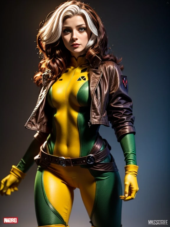 Melissa Benoist、masterpiece, High-quality 4K, Villain (X-Men), Gothic Girl, Sculpted body gothic makeup, Brown jacket, Yellow and green bodysuit, masterpiece, highest quality, Cowboy Shot, One girl, alone, Technology Military Bodysuit, fringe.