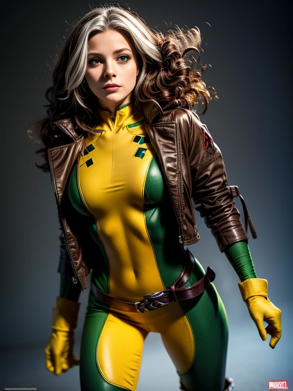 Melissa Benoist、masterpiece, High-quality 4K, Villain (X-Men), Gothic Girl, Sculpted body gothic makeup, Brown jacket, Yellow and green bodysuit, masterpiece, highest quality, Cowboy Shot, One girl, alone, Technology Military Bodysuit, fringe.