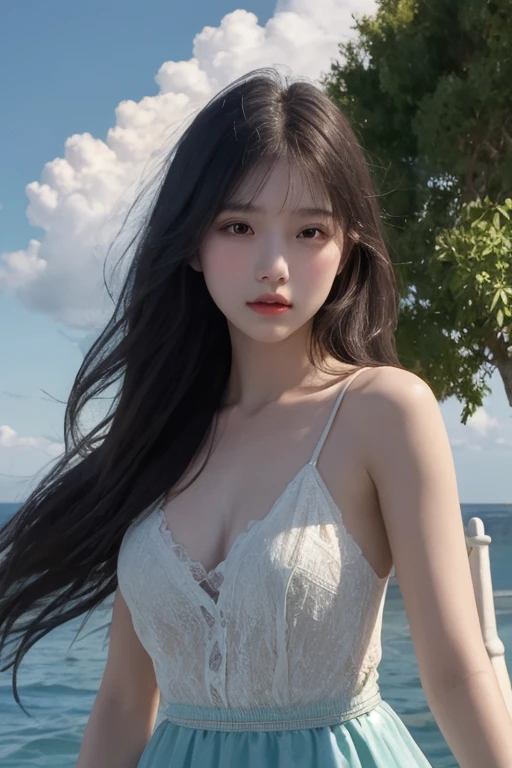 (masterpiece, Realistic: 1.4), (Extremely accurate: 1.2) >, close, Portraiture, (Upper Body: 1.2), (front: 1.3), 191971 Dresses, Back dress, (Long skirt: 1.2), Very long hair, chest, Exposing shoulders, null, Ocean, water, Looking at the audience, Italian, Tilt your head, Wind, cloud, sunlight, Outdoor, One girl, alone, break, Cinematic Light, 超High resolution, 8K Ultra HD, Film Grain, Perfect Anatomy, Delicate and delicate skin, Best Shadow, delicate, born, High resolution,