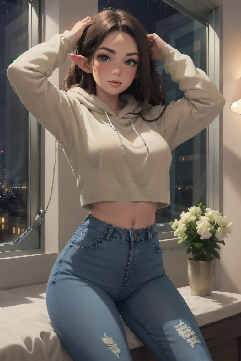 (elf girl), master piece, blushing, freckles, wide hips, slim waist, thick thighs, masterpiece, best quality, sfw, mature 36 year old woman, brown hair, moist face, wavy hair, mouth open, shiny. lips, beutiful round eyes, oversized hoodie, tight jeans, (thick thighs), thick hoodie, cropped hoodie, inside city apartment, raining outside, rainy day, navy rain, inside, sitting on bed next to window, nightime, raindrops on window, dark out, mood light, soft lap light, cozy mood, Lofi astetic, the scene emulates an immense feeling of comfort and safety, modern cityscapes, skyscraper nightlights visable through window, midnight, completely dark out, high waist jeans, tight pants, ripped jeans, (large thigh rip on jeans), orange lighting, orange moodnlight, Beautiful eyes, the most beautiful eyes youve ever seen, shiny thighs, (extremely ripped jeans), camel toe, hands on head, arms up, pointy ears