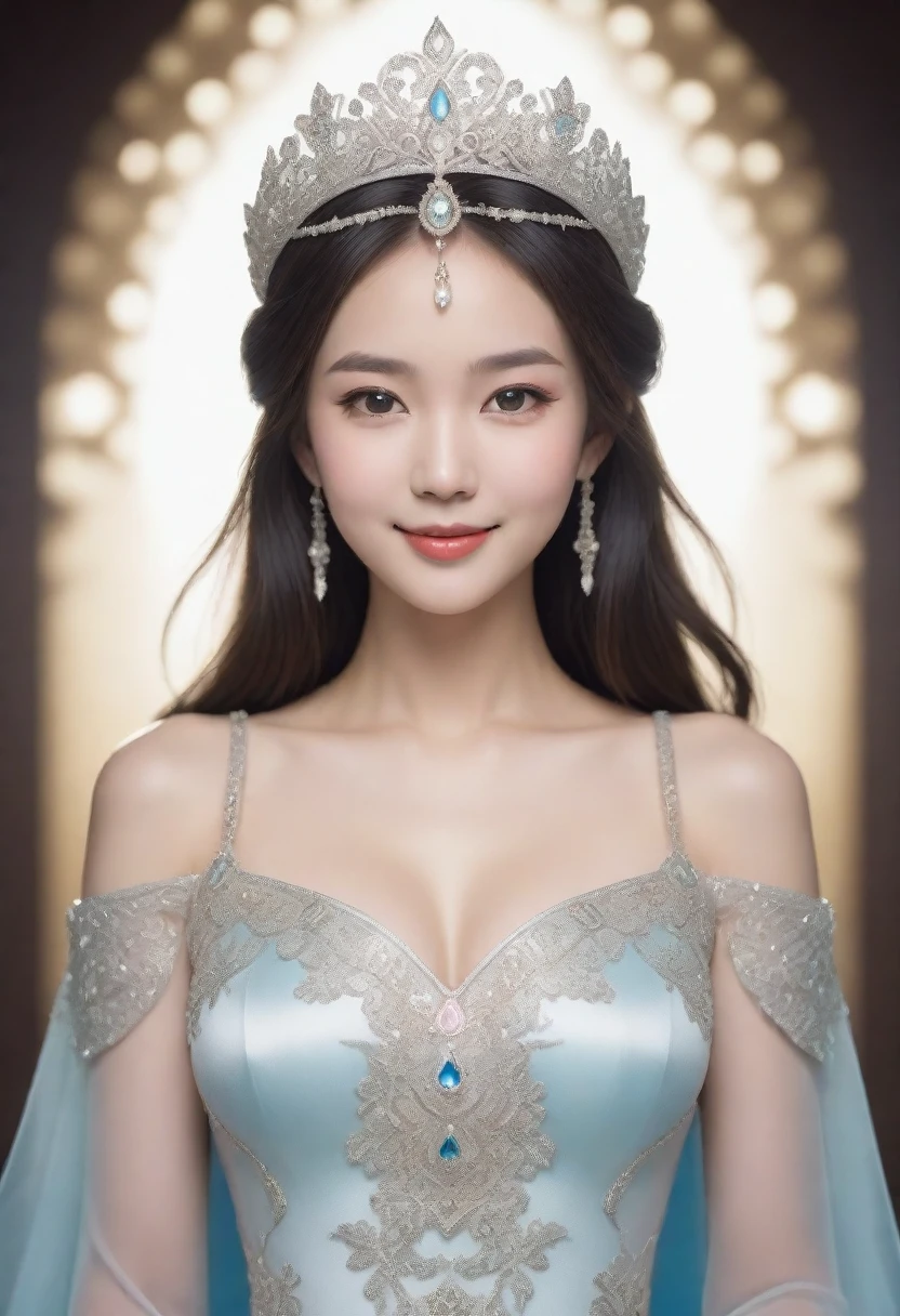 whole body of a smiling Asian Princess with jewel tiara, showcasing thighs, intricately detailed, fantastical, mid shot, side light.