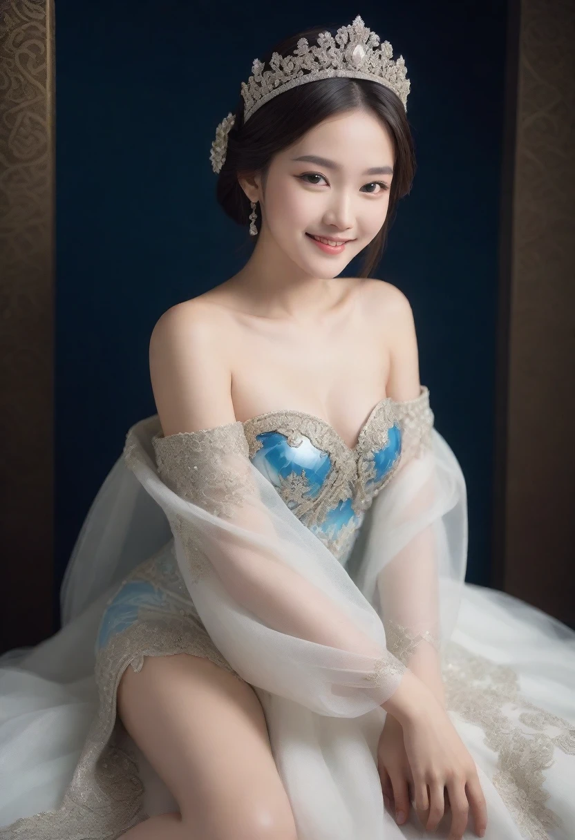 whole body of a smiling Asian Princess with jewel tiara, showcasing thighs, intricately detailed, fantastical, mid shot, side light.