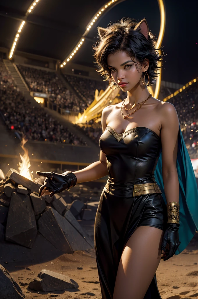 highres,absurdres,masterpiece,best quality,original,extremely detailed CG,extremely detailed wallpaper,perfect lighting,looking at viewer,bare hands,1girl,
SiennaKhan,short hair,black hair,animal ears,yellow eyes,cat ears,dark skin,dark-skinned female,gloves,jewelry,earrings,cape,facial mark,cleavage cutout,hoop earrings, standing, in deserted stadium, bonfires, river, crowd, (crowd in military uniforms), night, stars,  closed mouth, serious look, serious expression, looking at viewer,