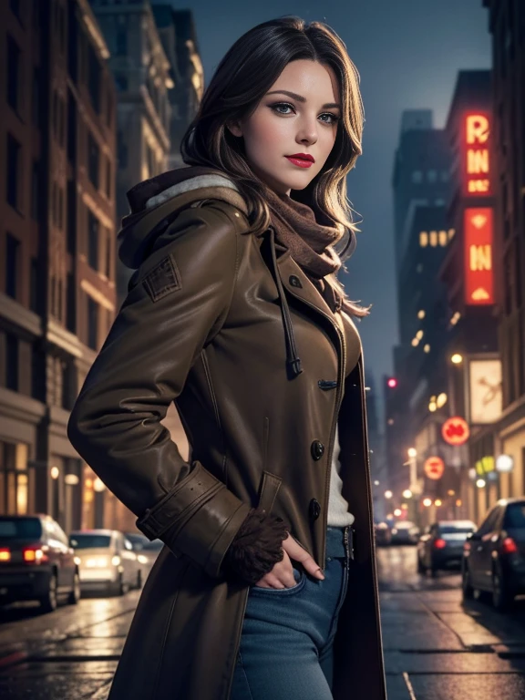 Melissa Benoist、(masterpiece:1.0), (Highest_quality:1.2), (Dark Shot:1.3), Classic Rogue, 1991 Rogue X-Men, 1 girl, Only 1, Head to Toe, standing on street corner, Elegant pose, (clothing: Brown winter coat, Brown color hood, Down lining, White scarf, gloves, jeans) Medium length hair, Brown Hair, Wavy Hair, One gray hair, Green Eyes, Mischievous look, Grin, Lips parted,  Red lipstick, Heavy makeup, Confident expression, Backlight, (realism: 1.5), (Realistic: 1.4), (Disorganized:1.4), 8k, Very detailed, Detailed beautiful woman,  (background: Midnight, it&#39;s snowing, On the streets of New York, Snowy Night), Official Art, Very detailed CG Unity 8k wallpaper, Perfect lighting, colorful, 超High resolution, photograph, 8k, High resolution, Kodak Portrait 400, Film Grain, blurry background, (Bokeh:1.2), (Vibrant_color:1.2), Film Grain:1.2, (Warm colors, Warm Tones:1.2), (color photo), Professional Photograph