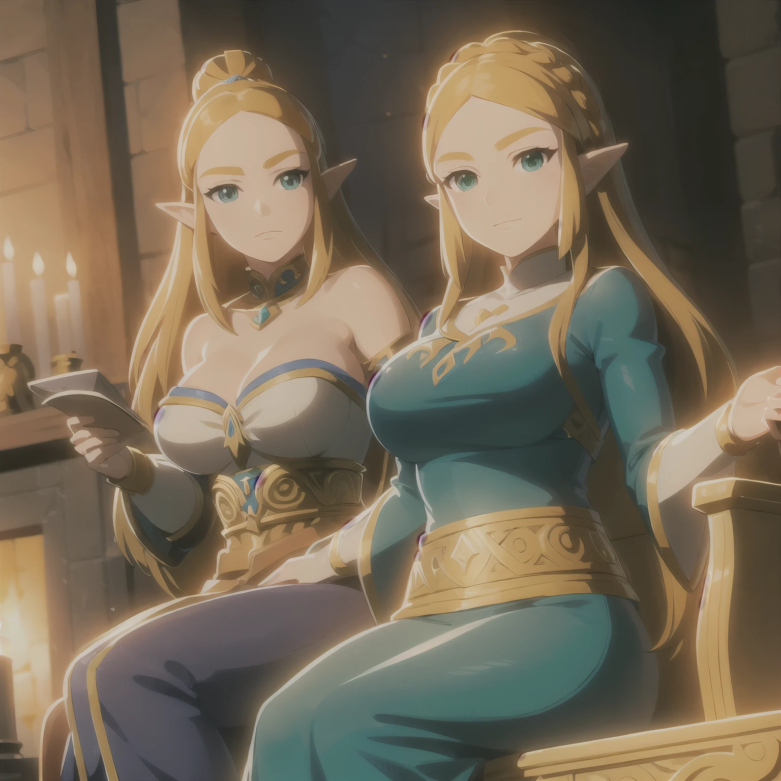 Anime style, Painting, perfect anatomia, Zelda, large breasts, long golden hair, classical hyrulean attire, crown, green tunic, blue-hued eyes, red blush, smile, Hylian shield, twilight Princess, indoors, candlelit room, fireplace, warm ambiance, cozy, royal throne, decorated background, royal palace, princess Zelda, powerful, regal, strong-willed, sparkling emerald necklace, pearls, captivating beauty, masterpiece, exquisite detail, 4k anime wallpaper, anime wallpaper 4k, anime wallpaper 4k.