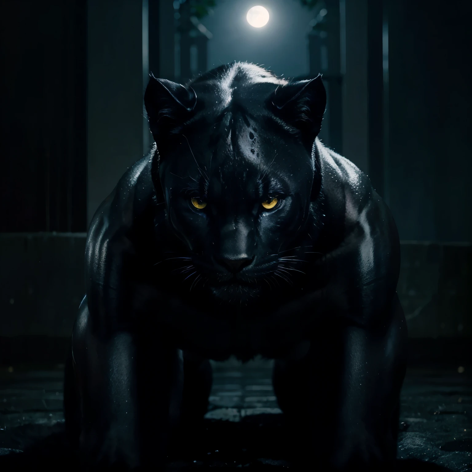 best quality,ultra-detailed,realistic,black panther,man,moonlight, intense gaze, muscular build, night scene, mysterious, sleek fur, powerful presence, predatory instincts, stealthy movements, dangerous allure, wild beauty, Panther's eyes piercing through the darkness, Moon casting a soft glow on the scene, Panther blending into the shadows, Moonlight reflecting off Panther's coat, Moonlight highlighting the contours of Panther's body, Intense gaze emanating from Panther's eyes, Strong muscles rippling under Panther's sleek fur, Panther silently prowling in the night, Graceful and agile movements, Powerful and commanding presence of the Panther, The undeniable beauty and danger of the black panther.