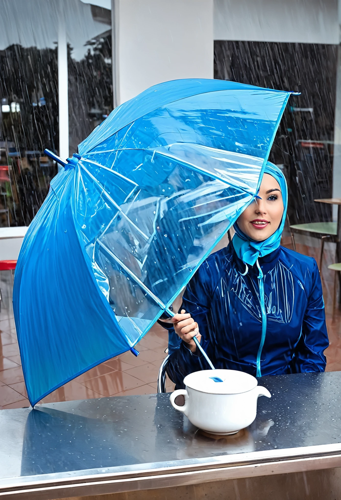 Um homem entrega guarda-chuva para mulher de touca azul e cachecol azulcem frente a uma cafeteria em uma chuva ((foco))
