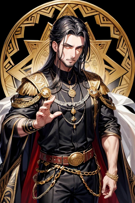 Sultan, 40 year old man, short messy grayish black hair without beard, silver ornaments, golden eyes, black Arabic clothing, dark black vest with silver horse print, silver belt, dark black pants, black pentagram pendant with Arabic symbol with gems of Ocidiana, copper rings on both hands, slim muscular build, palace background,