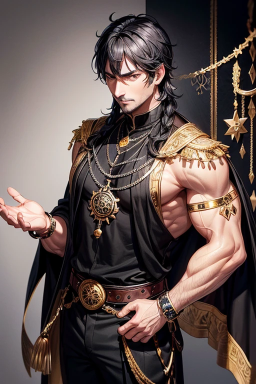 Sultan, 40 year old man, short messy grayish black hair without beard, silver ornaments, golden eyes, black Arabic clothing, dark black vest with silver horse print, silver belt, dark black pants, black pentagram pendant with Arabic symbol with gems of Ocidiana, copper rings on both hands, slim muscular build, palace background,
