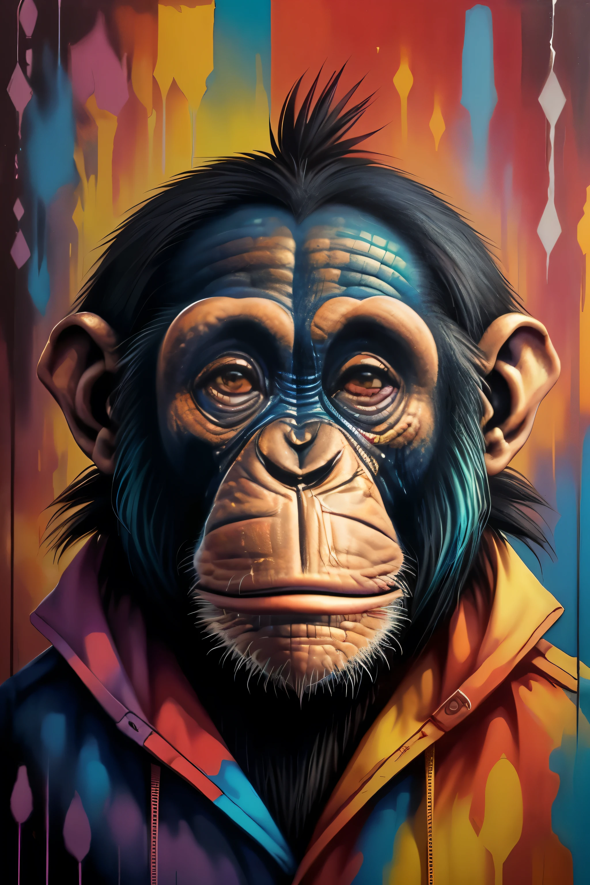 Chimpanzee ),(heureux),2 ears, Rembourrage Eduardo Kobra ,multidimensional geometric PORTRAIT wall, jusqu'has, Chibi,
Yang08k, Beau, De couleur,
Chefs-d'artwork, Superior quality, La meilleure qualité, Art officiel, Beautiful and aesthetic,