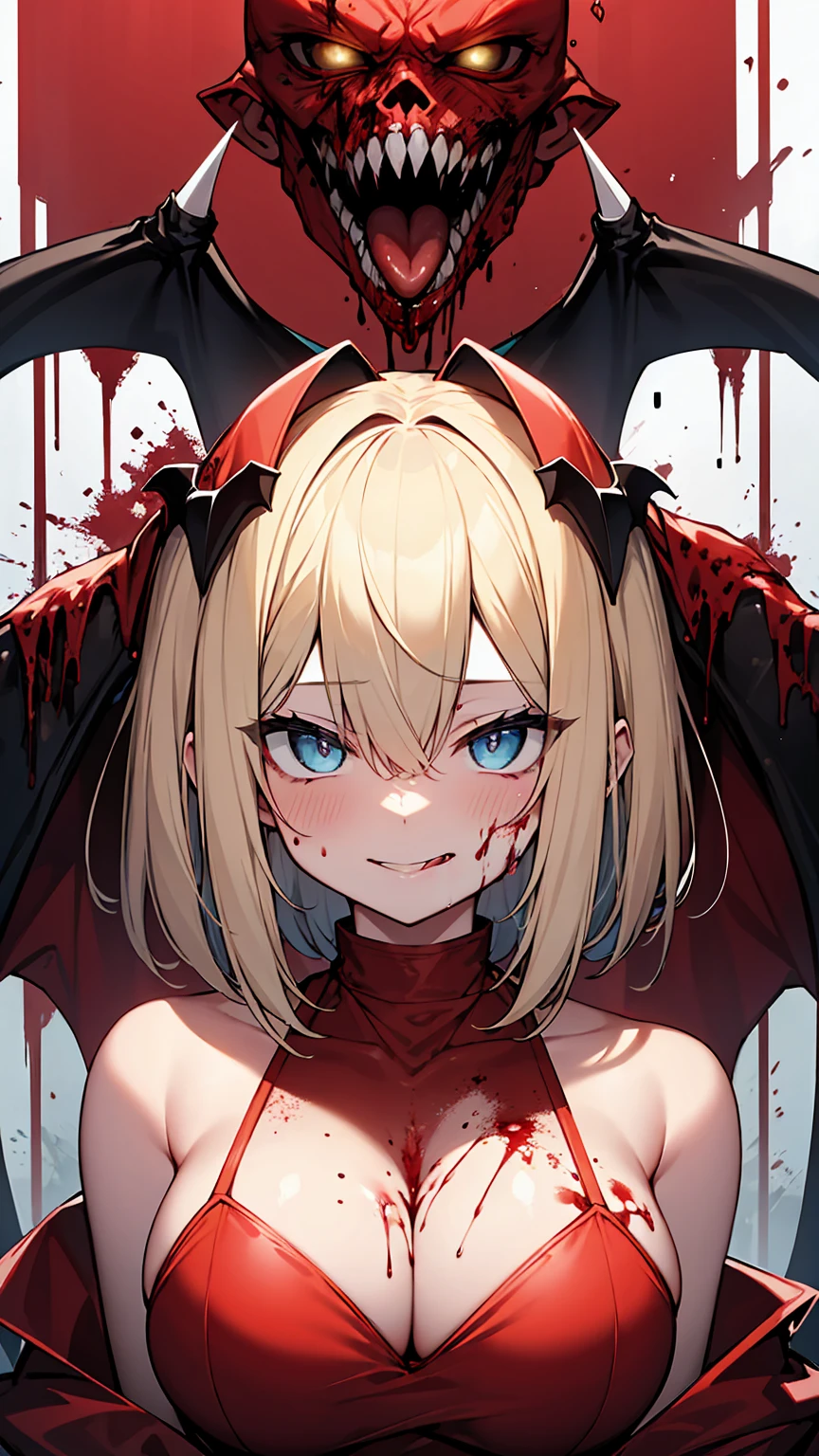 highest quality、4k、masterpiece、Short blonde hair、Slanted Eyes、Sharp Eye、Light blue eyes、vampire、Ruthless smile、Licking bloody fingers、Sticking out tongue、Blood on the face、Lots of blood、high school student、Large Breasts、darkness、Aggressive、Insanity、Murderous Intent、cool、whole body