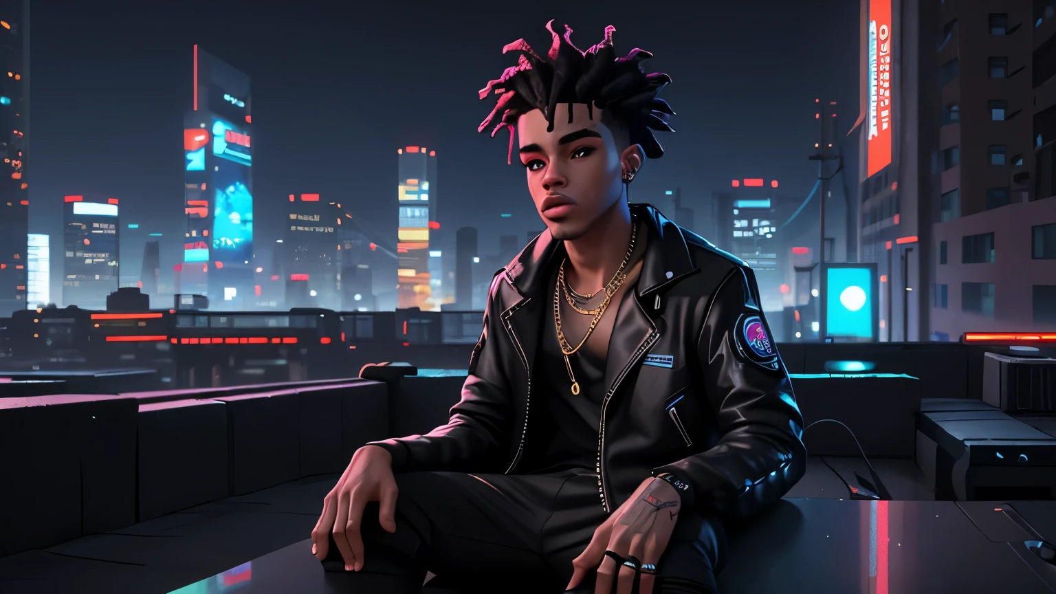 A stunning 4K 3D cinematic rendering lil mosey rapper of the holding money and wearing a gold necklace in a futuristic cyberpunk setting. He's on the roof, his body adorned with neon lights and cybernetic enhancements. The background is a dystopian cityscape with towering skyscrapers, holographic advertisements and hovering cars. He holds a glowing microphone, with the iconic rainbow hairstyle in full effect. The overall atmosphere is electric and intense, reflecting the raw energy of lil mosey rapper music. 3D rendering, cinematic