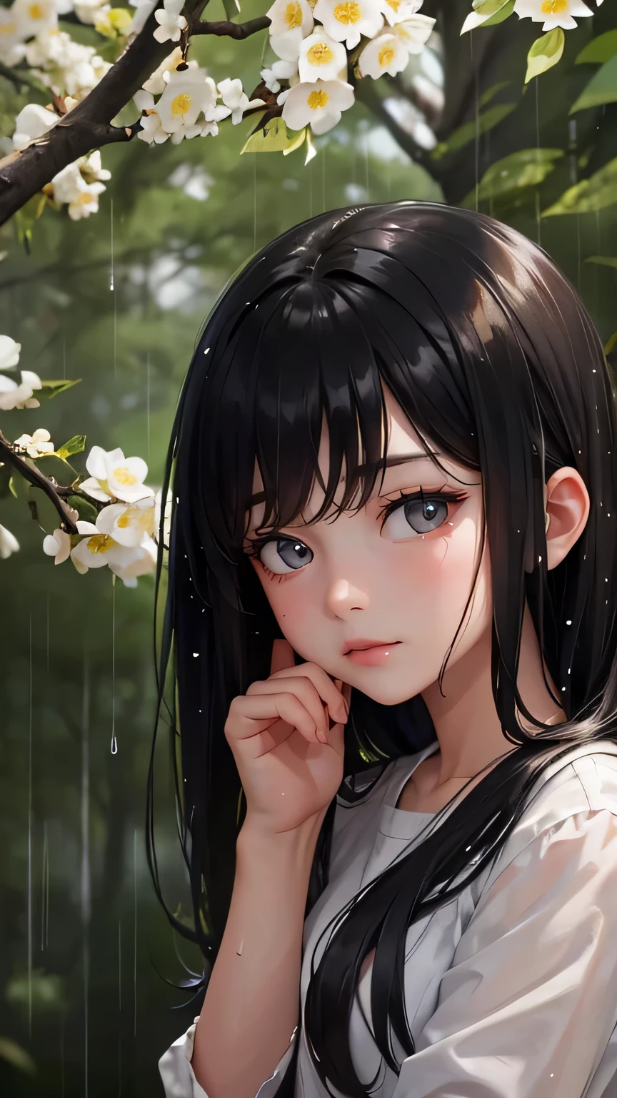 Girl, heavy rain, tree, flower, forest, wet