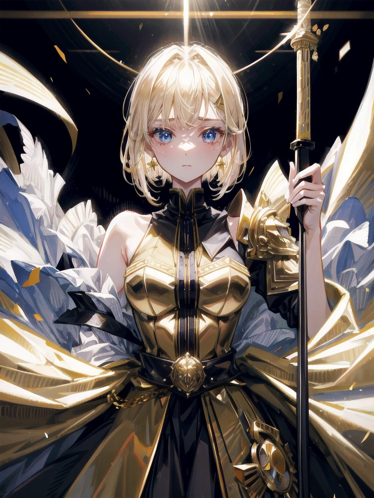 Military Dress, golden accessories, Grand Katana Sword, absurdres, RAW photo, extremely delicate and beautiful, masterpiece, Best Quality, ultra high resolution, 32k, hyperrealistic, ultra-detailed, detailed description, pale skin, 20 years old, tearful mole, earring, big tits, short medium hair, wavy hair, whole body shot,