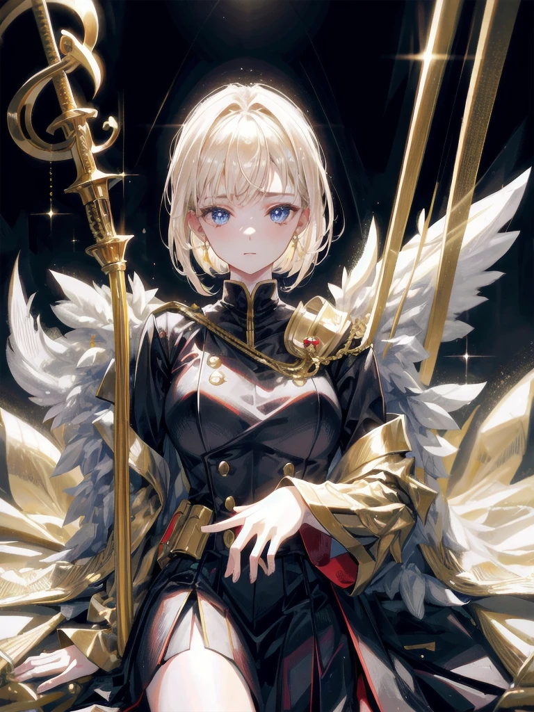 Military Dress, golden accessories, Grand Katana Sword, absurdres, RAW photo, extremely delicate and beautiful, masterpiece, Best Quality, ultra high resolution, 32k, hyperrealistic, ultra-detailed, detailed description, pale skin, 20 years old, tearful mole, earring, big tits, short medium hair, wavy hair, whole body shot,