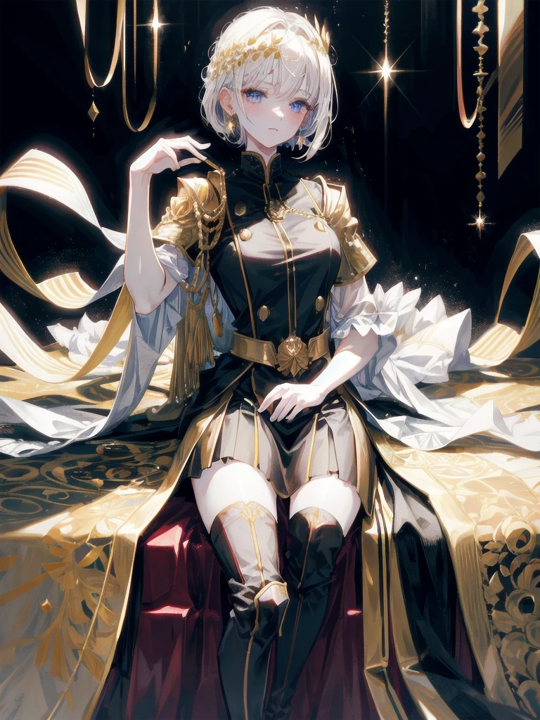 Military Dress, golden accessories, Grand Katana Sword, absurdres, RAW photo, extremely delicate and beautiful, masterpiece, Best Quality, ultra high resolution, 32k, hyperrealistic, ultra-detailed, detailed description, pale skin, 20 years old, tearful mole, earring, big tits, short medium hair, wavy hair, whole body shot,