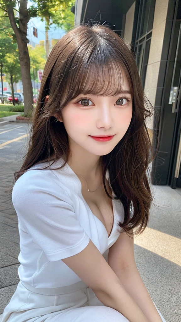 highest quality, shape, Very detailed, finely, High resolution, 8k wallpaper, Perfect dynamic shape, Beautiful and detailed, Summer clothes,Medium Hair,Natural color lip,smile,20-year-old girl、Midnight、Beautiful and elaborate face、Perfect and beautiful face、Slim face and figure,spread your arms wide,Big eyes,Take a photo with your face raised from below your knees、Small face、Beautifully detailed face、Perfect and beautiful double eyelids、Big cleavage、Long, slender legs、One Woman、gravure、Watching the audience、bedroom、full body、Looking into the distance、business suit