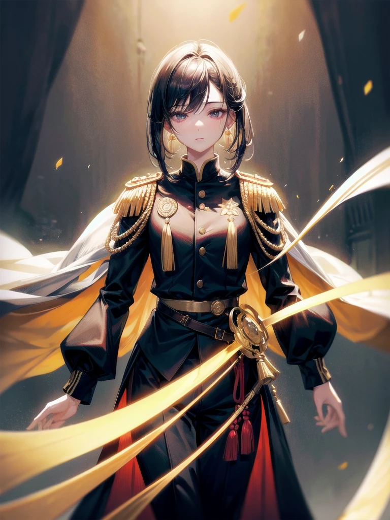 Military Dress, golden accessories, Grand Katana Sword, absurdres, RAW photo, extremely delicate and beautiful, masterpiece, Best Quality, ultra high resolution, 32k, hyperrealistic, ultra-detailed, detailed description, pale skin, 20 years old, tearful mole, earring, big tits, short medium hair, wavy hair, whole body shot,