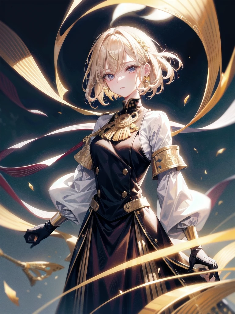 Military Dress, golden accessories, Grand Katana Sword, absurdres, RAW photo, extremely delicate and beautiful, masterpiece, Best Quality, ultra high resolution, 32k, hyperrealistic, ultra-detailed, detailed description, pale skin, 20 years old, tearful mole, earring, big tits, short medium hair, wavy hair, whole body shot,