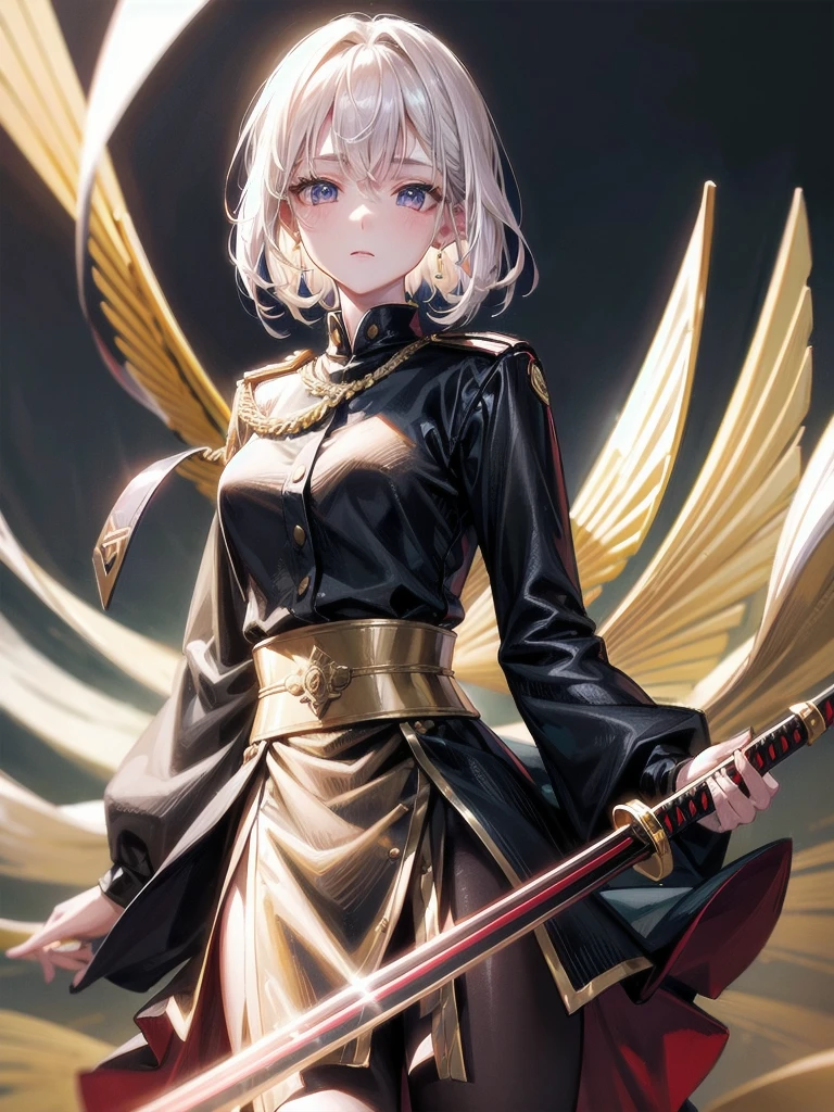 Military Dress, golden accessories, Grand Katana Sword, absurdres, RAW photo, extremely delicate and beautiful, masterpiece, Best Quality, ultra high resolution, 32k, hyperrealistic, ultra-detailed, detailed description, pale skin, 20 years old, tearful mole, earring, big tits, short medium hair, wavy hair, whole body shot,