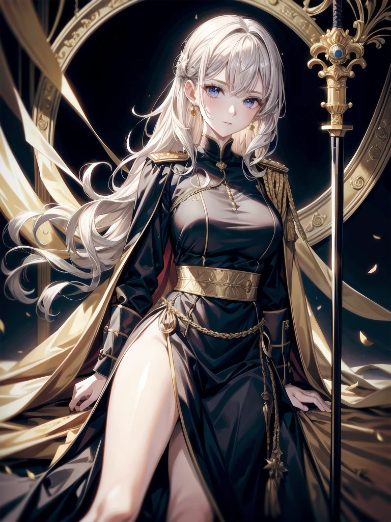 Military Dress, golden accessories, Grand Katana Sword, absurdres, RAW photo, extremely delicate and beautiful, masterpiece, Best Quality, ultra high resolution, 32k, hyperrealistic, ultra-detailed, detailed description, pale skin, 20 years old, tearful mole, earring, , short medium hair, wavy hair, whole body shot,