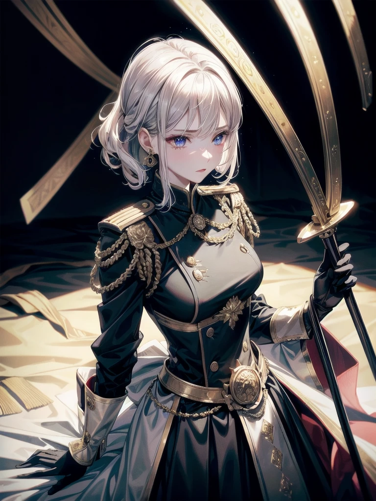 Military Dress, golden accessories, Grand Katana Sword, absurdres, RAW photo, extremely delicate and beautiful, masterpiece, Best Quality, ultra high resolution, 32k, hyperrealistic, ultra-detailed, detailed description, pale skin, 20 years old, tearful mole, earring, big tits, short medium hair, wavy hair, whole body shot,
