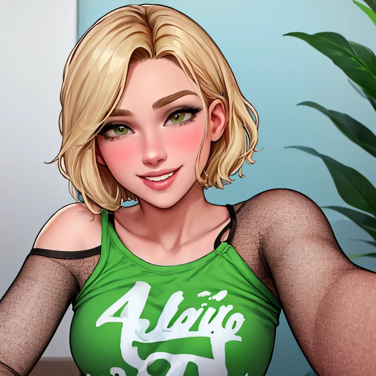 1college girl, short blonde hair to shoulders, olhos azuis, thin lips, rosto redondo,busto grande (seios enormes)usando uma blusa de moletom com gola verde, quadril largo usando saia vermelha bem curta,sentada em uma poltrona com sorriso malicioso olhando para o espectador , director's office scene, corpo inteiro