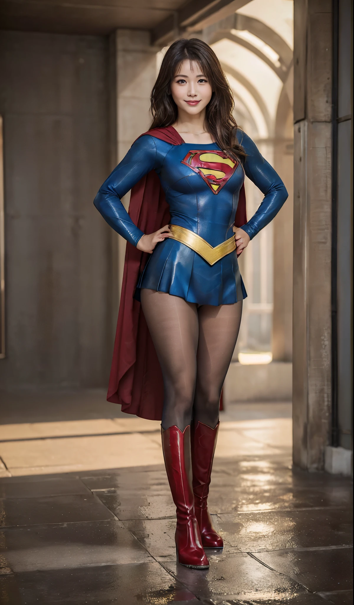 No background、(((Beautiful legs in black tights.)))、(((Legally express the beauty of your smile)))、((((Make the most of your original images)))、(((Supergirl Costume)))、(((ボディにフィットしたSupergirl Costume)))、(((Beautiful Hair)))、(((Smiles and winks)))、(((Please wear black tights....、Wear red boots)))、((Best image quality、8k))、((highest quality、8k、masterpiece:1.3))、(((Preserve background )))、Sharp focus:1.2、Beautiful woman with perfect figure:1.4、Slim Abs:1.2、Wet body:1.5、Highly detailed face and skin texture、8k