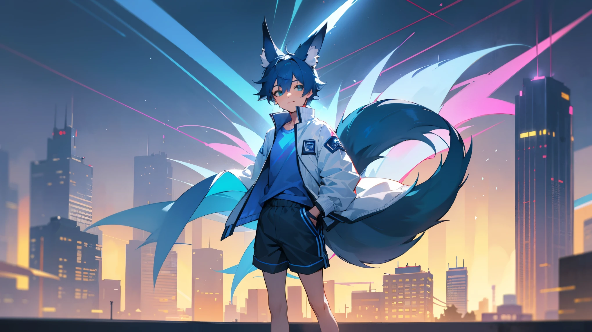 1Boy, , blue hair, short hair, blue Fox ears, blue fox tail, white jacket, blue shirt, bkack shorts, red sneakers, full body, standing, smile, lit up city background, upper body only, light green eyes