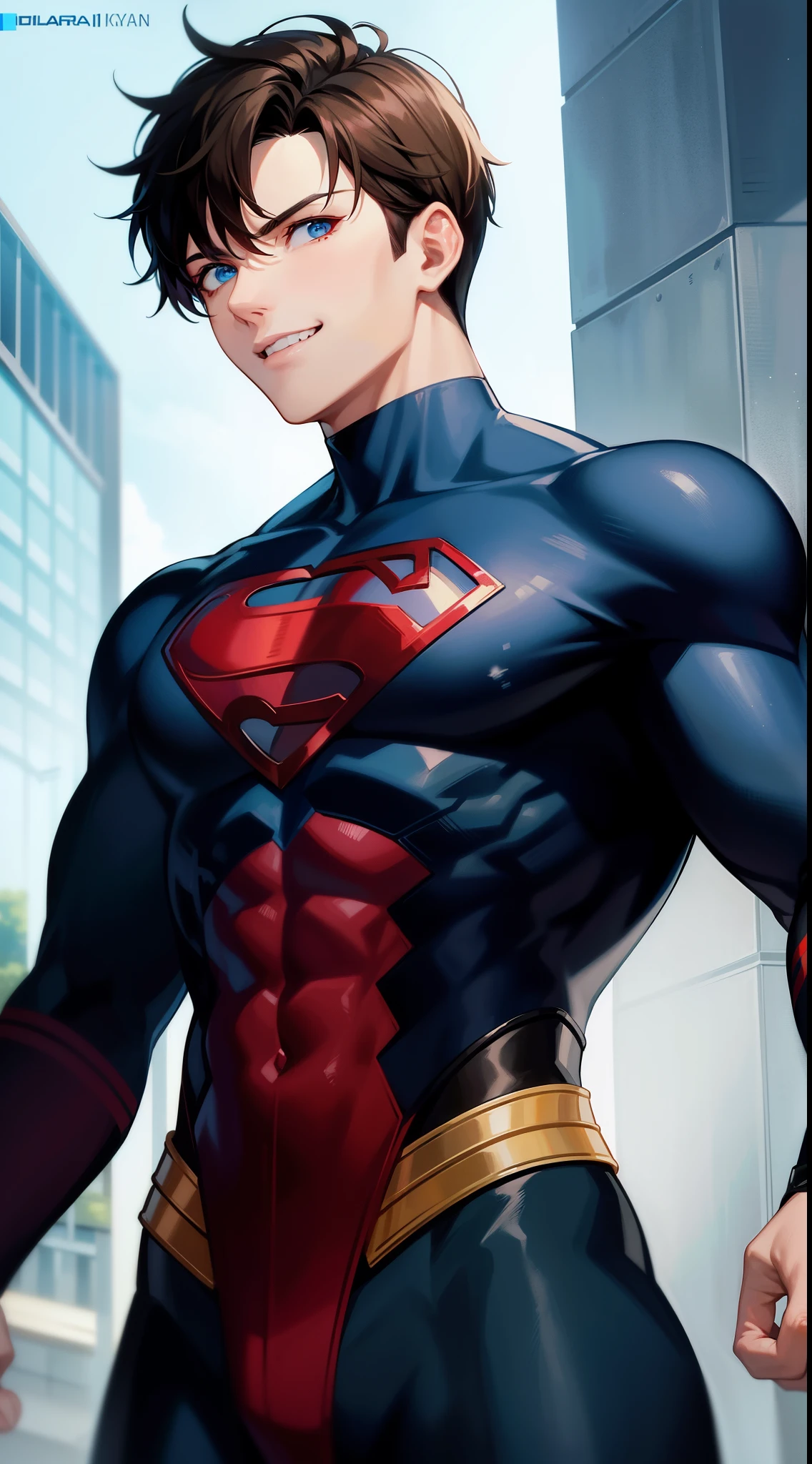 Young evil guy, short brown hair, Cyan eyes, brawn, Black Superman Costume, ssmile, Masterpiece, hiquality, red eyes,