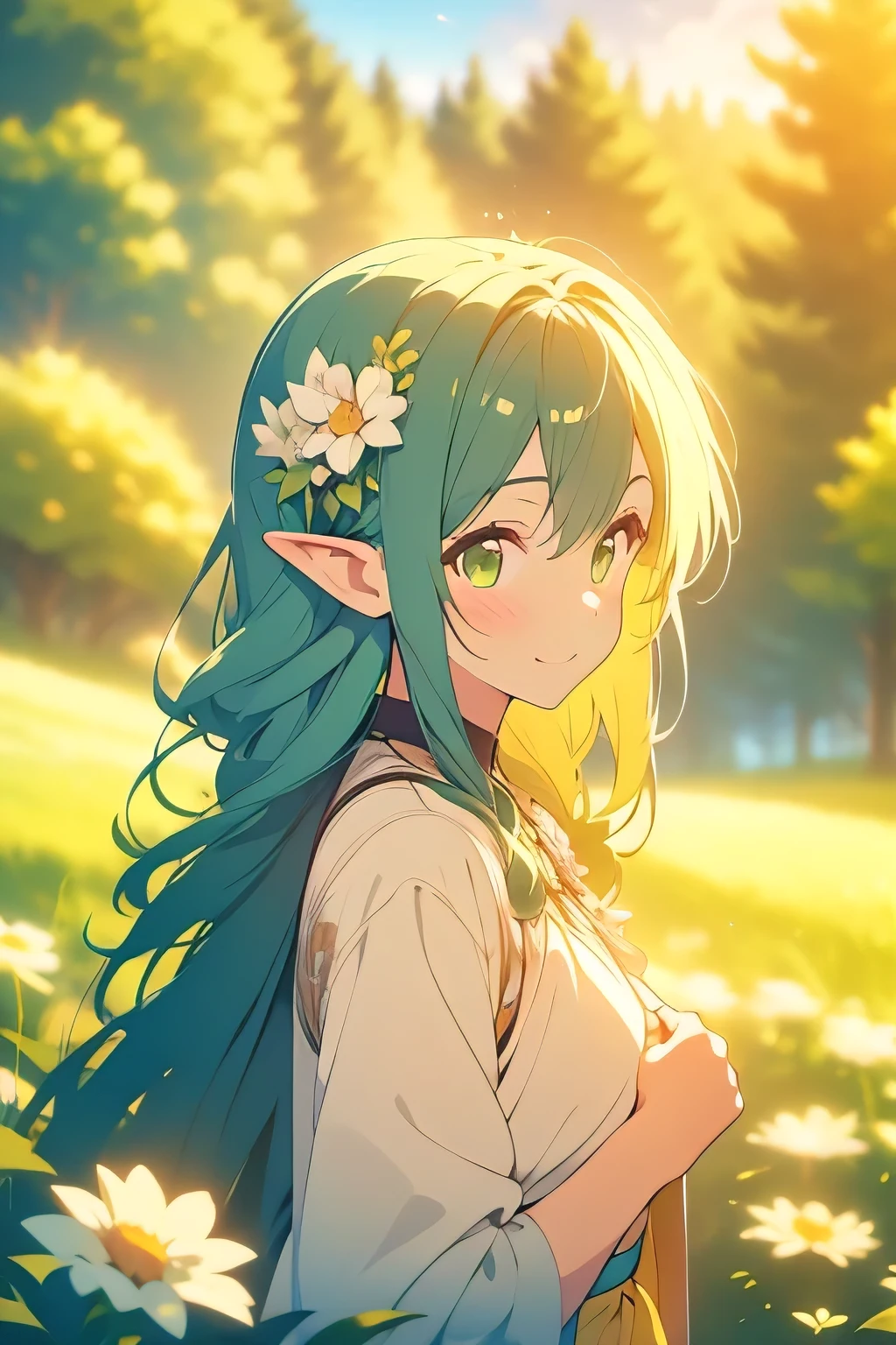((best quality)), ((masterpiece)), (detailed), perfect face, elf, young, girl, green hair, long hair, yellow dress, flowers, white flowers, happy, sunny, green grass, lawn, full-lenght