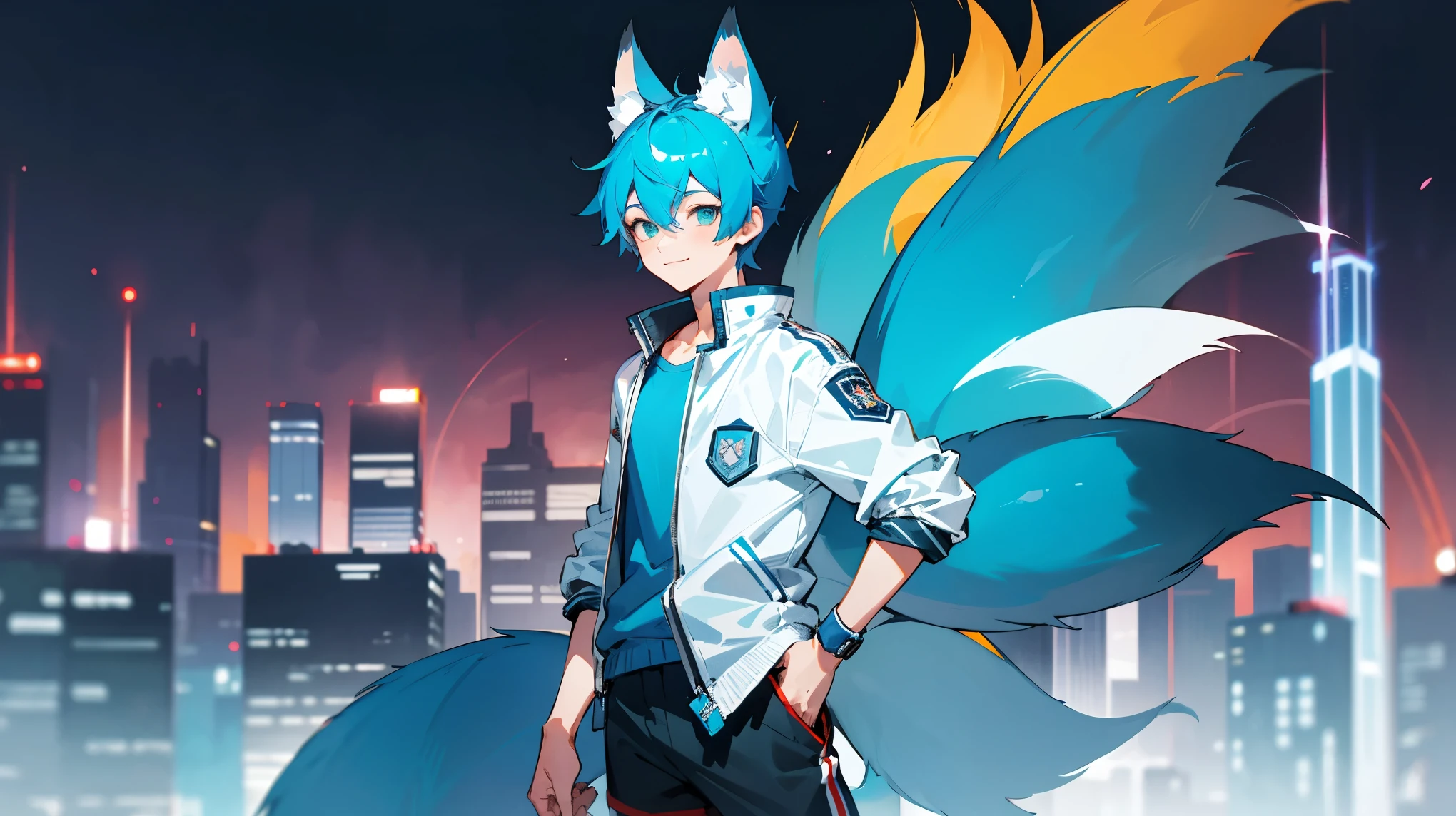 1Boy, 16 years old, blue hair, short hair, blue Fox ears, blue fox tail, white jacket, blue shirt, bkack shorts, red sneakers, full body, standing, smile, lit up city background, upper body only, light green eyes, close up on boy