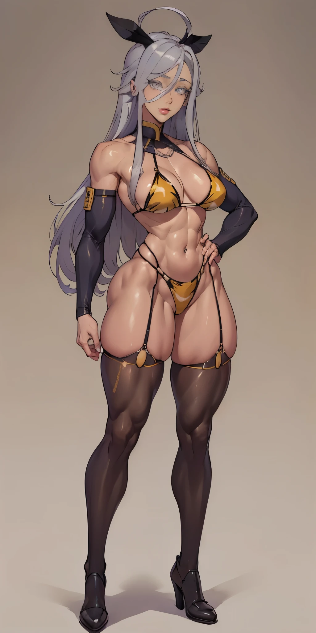 ((Masterpiece, plain background,1:2, masterpiece)) full body standing straight symmetrical against contrapposto yellow tiger print ?????? stockings sleeves, hands on waist ????, navel, (Vladilena Milize) (grey eyes:1.5) grey long hair, hair between eyelashes