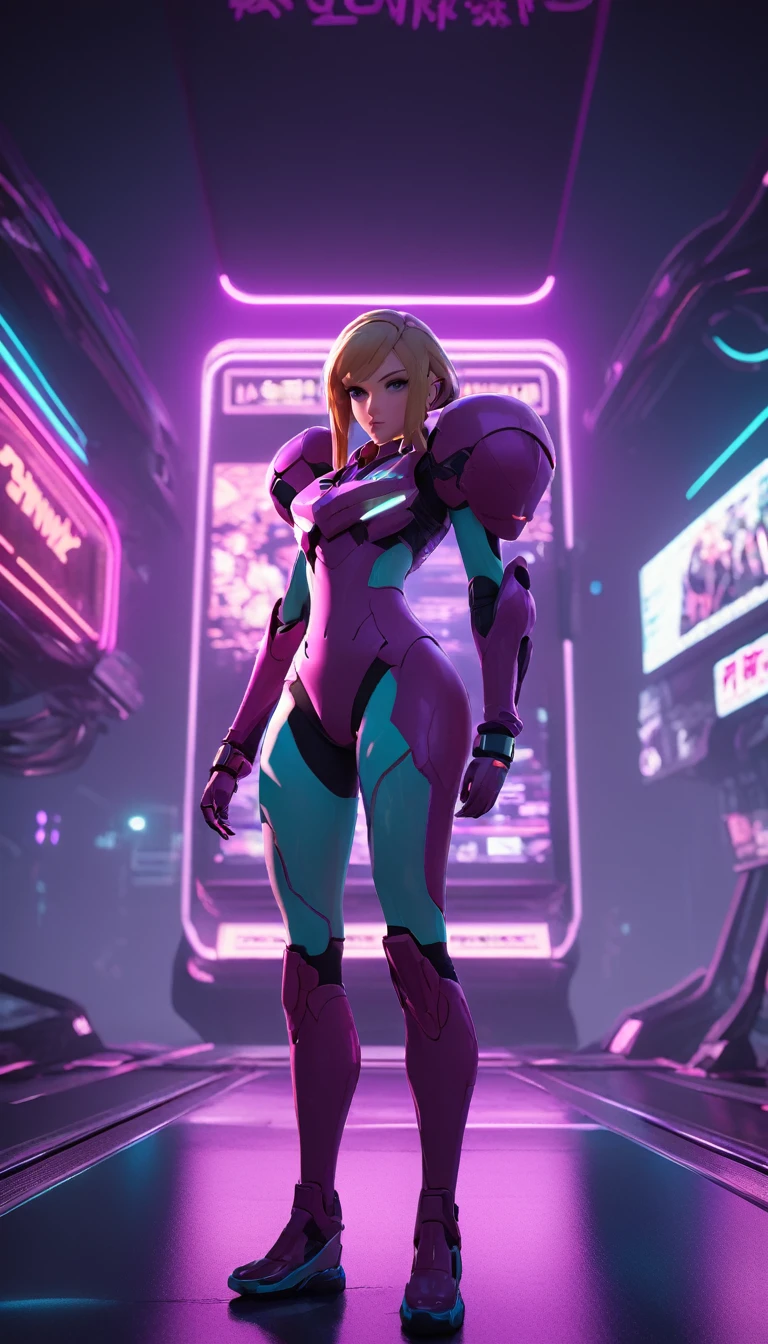 neonpunk style Cinematic scene, hero view, Samus Aran, action pose, detailed background, masterpiece, best quality, high quality, highres, absurdres . cyberpunk, vaporwave, neon, vibes, vibrant, stunningly beautiful, crisp, detailed, sleek, ultramodern, magenta highlights, dark purple shadows, high contrast, cinematic, ultra detailed, intricate, professional