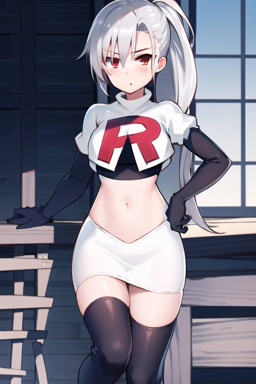 1girl, tina, best quality, long ponytail, silver hair, red eyes, highly detailed, team rocket,team rocket uniform,white skirt,red letter R,crop top,black thigh-highs,black elbow gloves