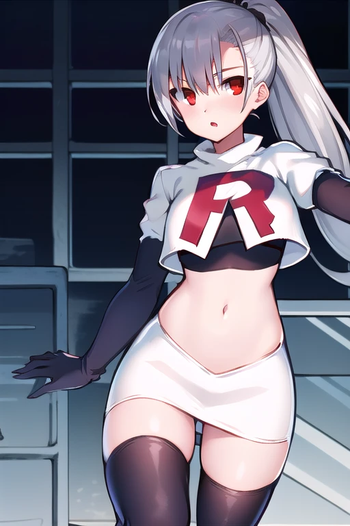 1girl, tina, best quality, long ponytail, silver hair, red eyes, highly detailed, team rocket,team rocket uniform,white skirt,red letter R,crop top,black thigh-highs,black elbow gloves