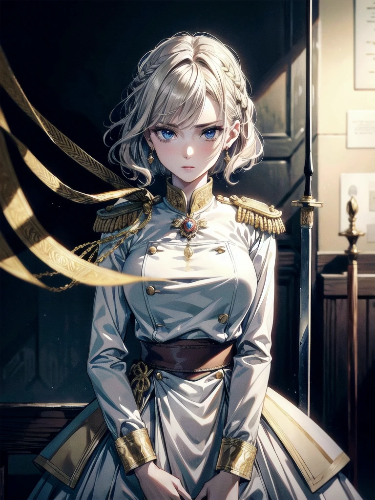 Military Dress, golden accessories, Grand Katana Sword, absurdres, RAW photo, extremely delicate and beautiful, masterpiece, Best Quality, ultra high resolution, 32k, hyperrealistic, ultra-detailed, detailed description, pale skin, 20 years old, tearful mole, earring, big tits, short medium hair, wavy hair, whole body shot,
