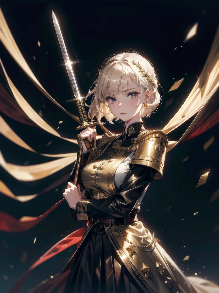 Military Dress, golden accessories, Grand Katana Sword, absurdres, RAW photo, extremely delicate and beautiful, masterpiece, Best Quality, ultra high resolution, 32k, hyperrealistic, ultra-detailed, detailed description, pale skin, 20 years old, tearful mole, earring, big tits, short medium hair, wavy hair, whole body shot,