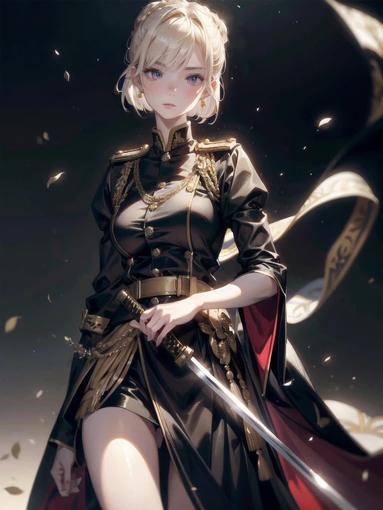 Military Dress, golden accessories, Grand Katana Sword, absurdres, RAW photo, extremely delicate and beautiful, masterpiece, Best Quality, ultra high resolution, 32k, hyperrealistic, ultra-detailed, detailed description, pale skin, 20 years old, tearful mole, earring, big tits, short medium hair, wavy hair, whole body shot,