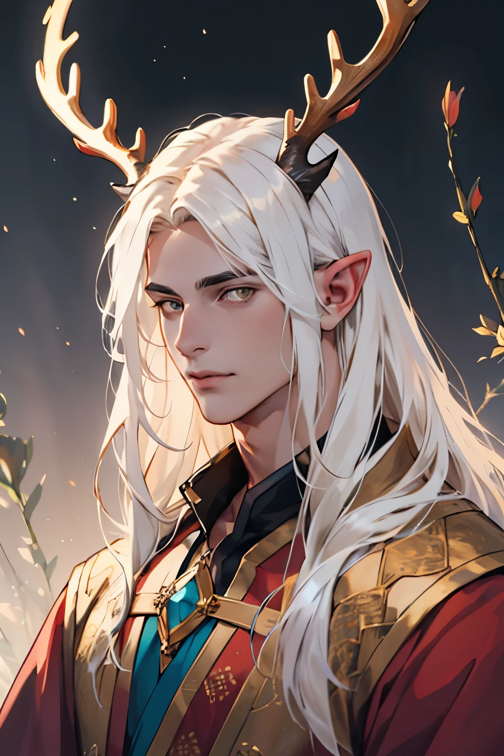 orange skinned Male eladrin with long white hair antlers golden iris