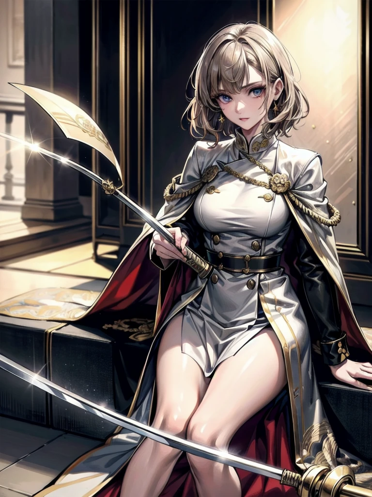 Military Dress, golden accessories, Grand Katana Sword, absurdres, RAW photo, extremely delicate and beautiful, masterpiece, Best Quality, ultra high resolution, 32k, hyperrealistic, ultra-detailed, detailed description, pale skin, 20 years old, tearful mole, earring, big tits, short medium hair, wavy hair, whole body shot,