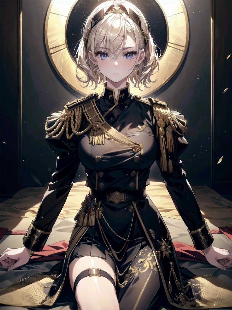 Military Dress, golden accessories, Grand Katana Sword, absurdres, RAW photo, extremely delicate and beautiful, masterpiece, Best Quality, ultra high resolution, 32k, hyperrealistic, ultra-detailed, detailed description, pale skin, 20 years old, tearful mole, earring, big tits, short medium hair, wavy hair, whole body shot,