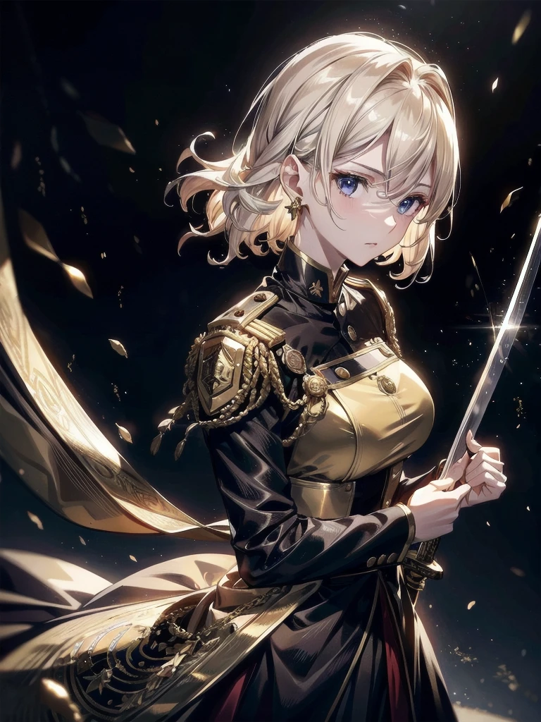 Military Dress, golden accessories, Grand Katana Sword, absurdres, RAW photo, extremely delicate and beautiful, masterpiece, Best Quality, ultra high resolution, 32k, hyperrealistic, ultra-detailed, detailed description, pale skin, 20 years old, tearful mole, earring, big tits, short medium hair, wavy hair, whole body shot,