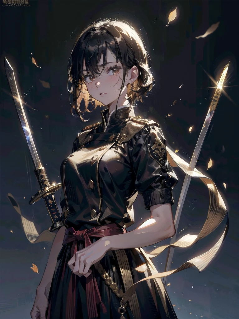 Military Dress, golden accessories, Grand Katana Sword, absurdres, RAW photo, extremely delicate and beautiful, masterpiece, Best Quality, ultra high resolution, 32k, hyperrealistic, ultra-detailed, detailed description, pale skin, 20 years old, tearful mole, earring, big tits, short medium hair, wavy hair, whole body shot,